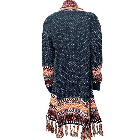 CCC Bohemian Aztec Tribal Print Knit Cardigan Fringe Multicolor Pattern Sweater - Picture 5 of 12